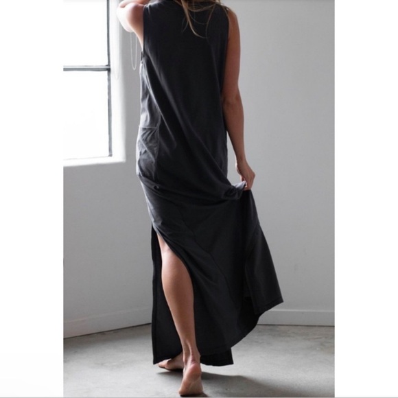 Lunya Cool Paneled Sleeveless Cotton Maxi Dress XS Charcoal Gray Slits - Picture 8 of 10